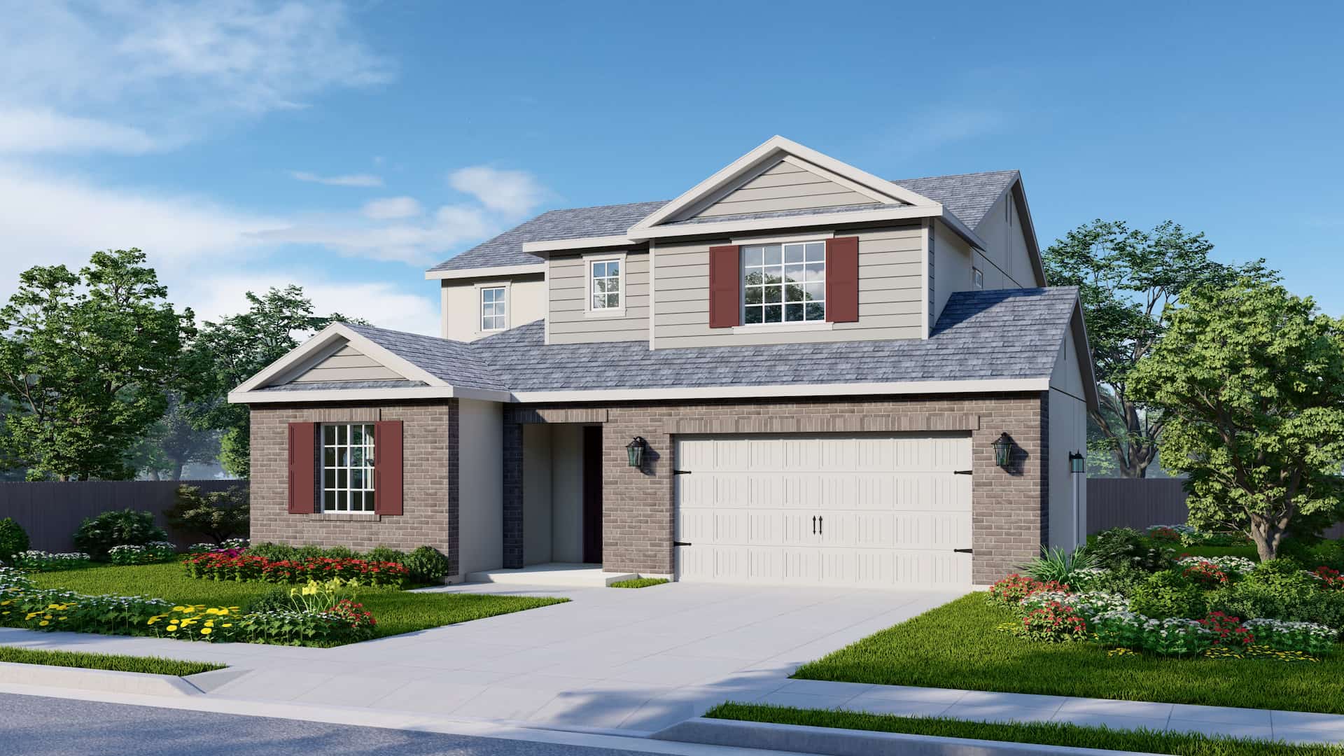 All Elise elevations are two-story homes. The American Traditional elevation is the only one with exterior shutters on the front windows. The model featured has a gray roof and white trim, with beige horizontal siding on the upper floor. A large window on the second floor is framed by dark rust-colored shutters. This window is located just above the garage, on the right side of the house. The first floor features brick siding, which is brown in the picture. The front-most window on the first floor, to the left of the garage, has rust-brown shutters that match the upstairs window. The garage door is cream-colored with paneling and metal accents that give it an elevated look.